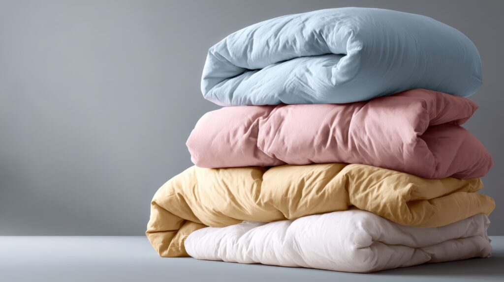 Stacked soft pastel comforters and duvets, folded neatly, creating a cozy and comfortable bedding arrangement with light blue, pink, yellow, and white colors against a gray background
