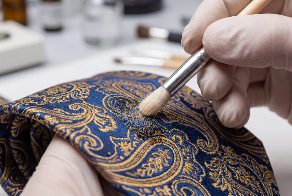 Dry cleaning specialist gently brushing a stain on a patterned blue silk tie