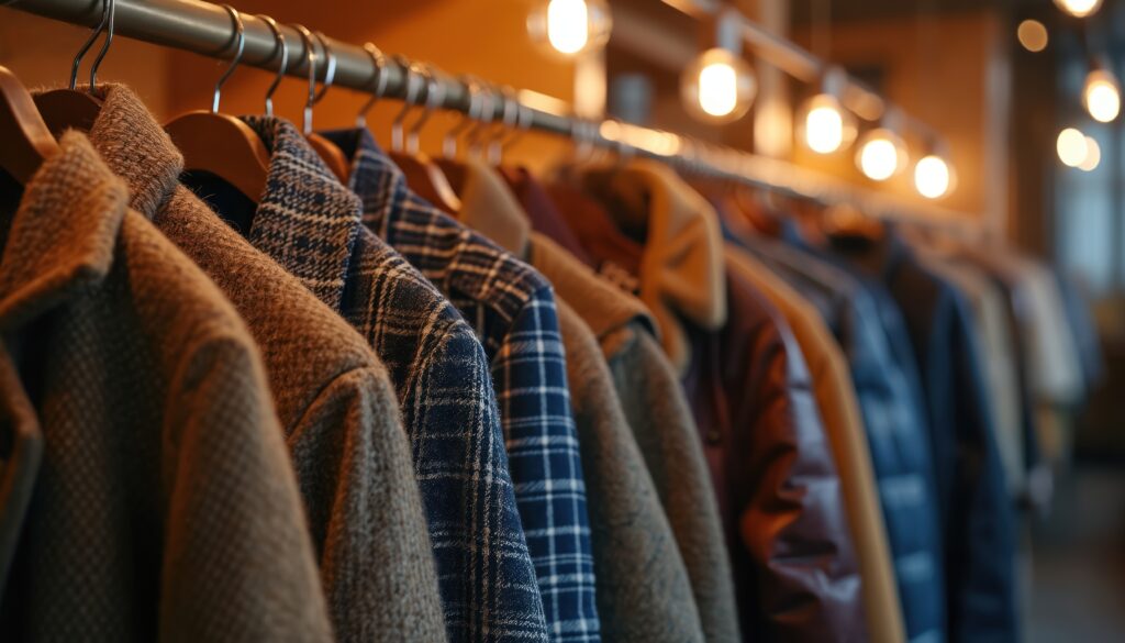 Rack with winter coats and jackets in store. Second hand clothes concept. Variety of outerwear on hangers. Autumn and winter fashion.